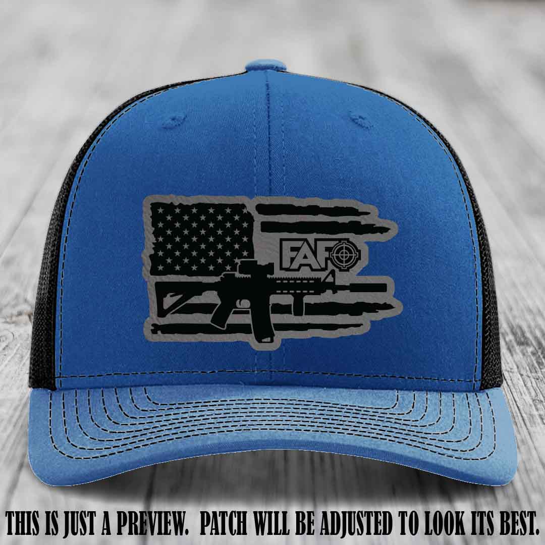 FAFO Grey to Black Patch Leather Patch on Royal to Black Hat Richardson 112 Hat