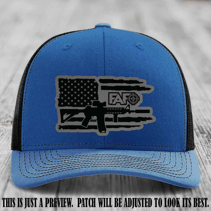 FAFO Grey to Black Patch Leather Patch on Royal to Black Hat Richardson 112 Hat
