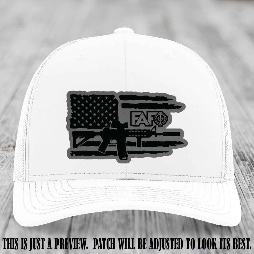 FAFO Grey to Black Patch Leather Patch on White Hat Richardson 112 Hat