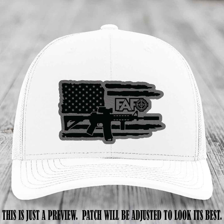 FAFO Grey to Black Patch Leather Patch on White Hat Richardson 112 Hat