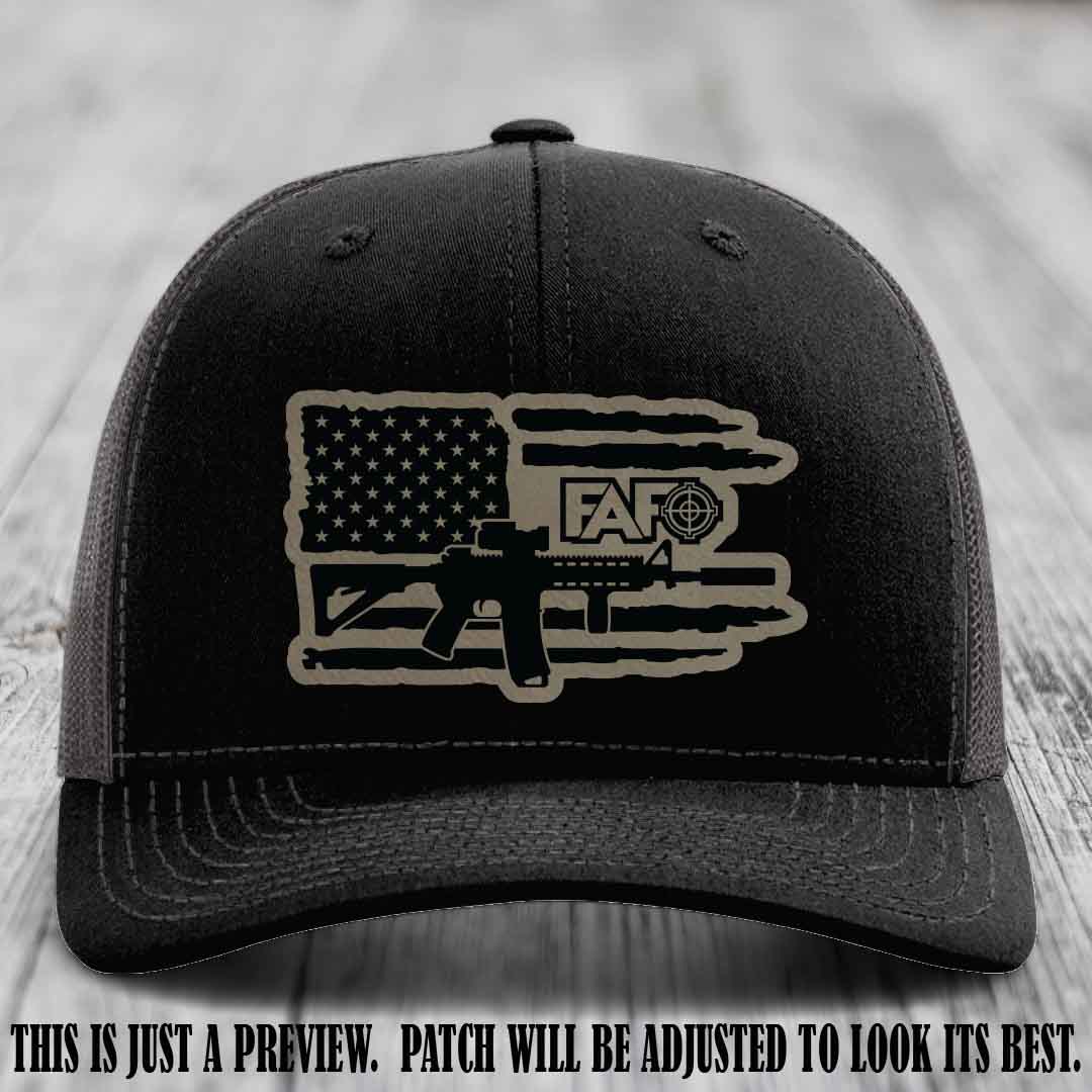 FAFO Light Brown to Black Patch Leather Patch on Black to Charcoal Hat Richardson 112 Hat