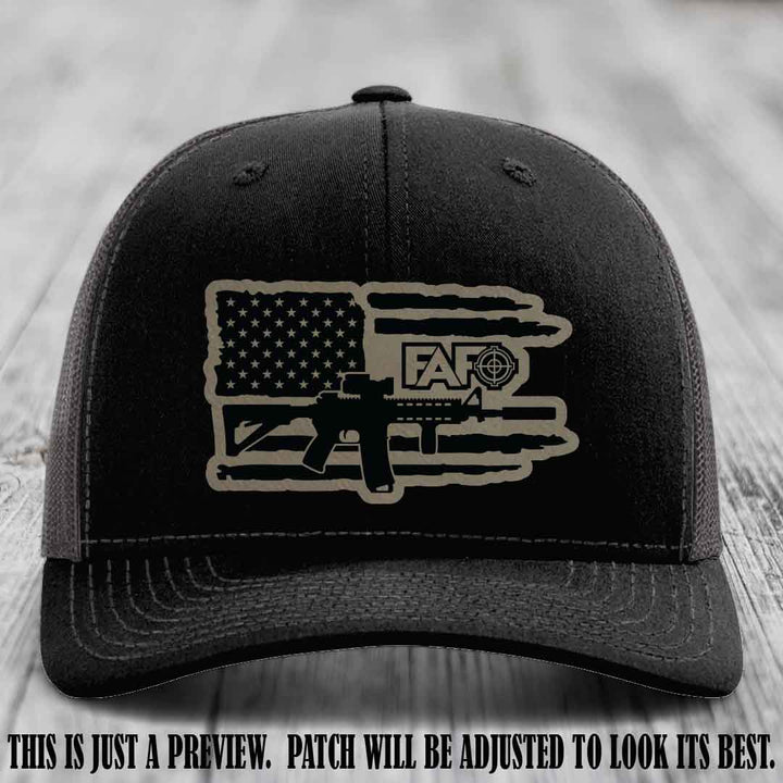 FAFO Light Brown to Black Patch Leather Patch on Black to Charcoal Hat Richardson 112 Hat