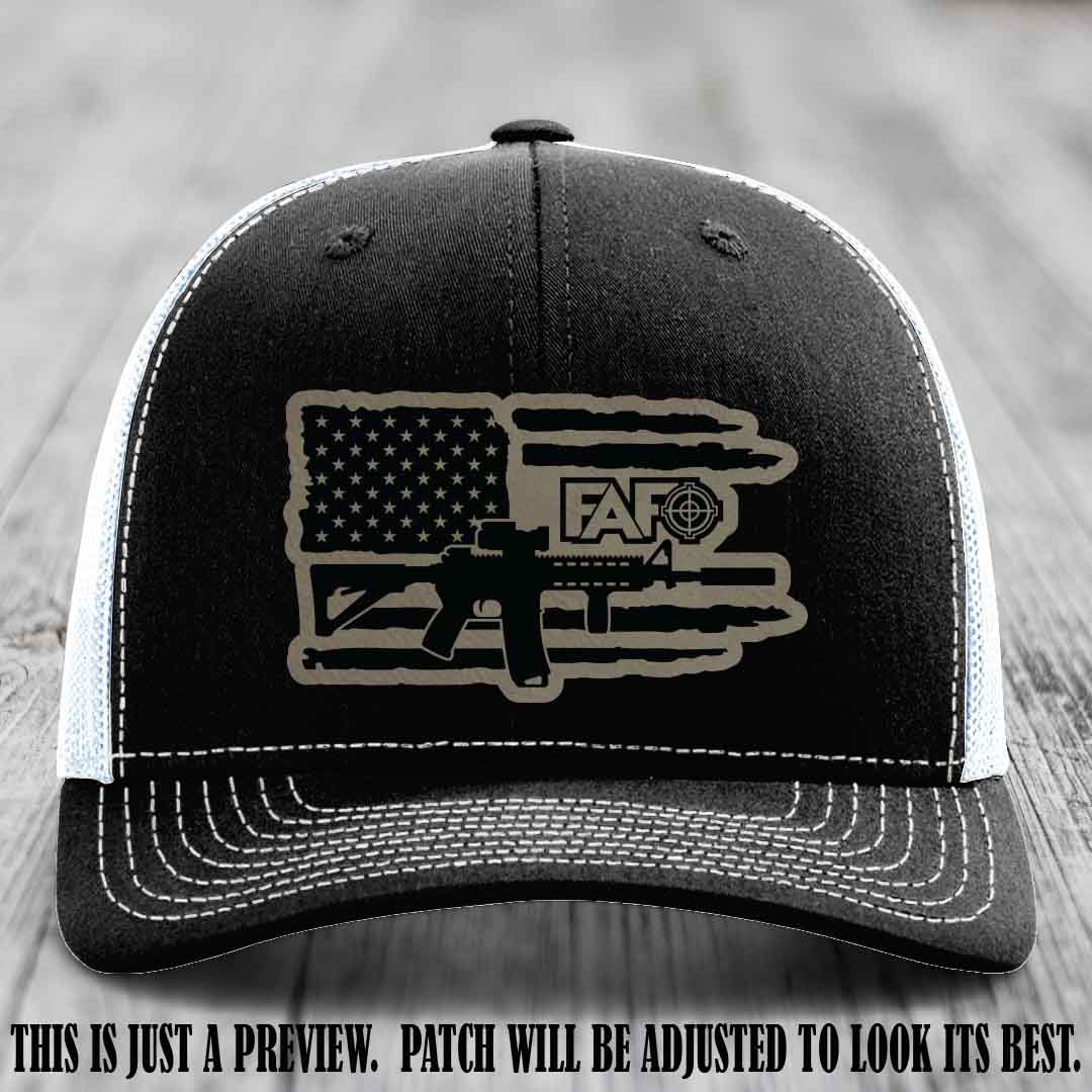 FAFO Light Brown to Black Patch Leather Patch on Black to White Hat Richardson 112 Hat