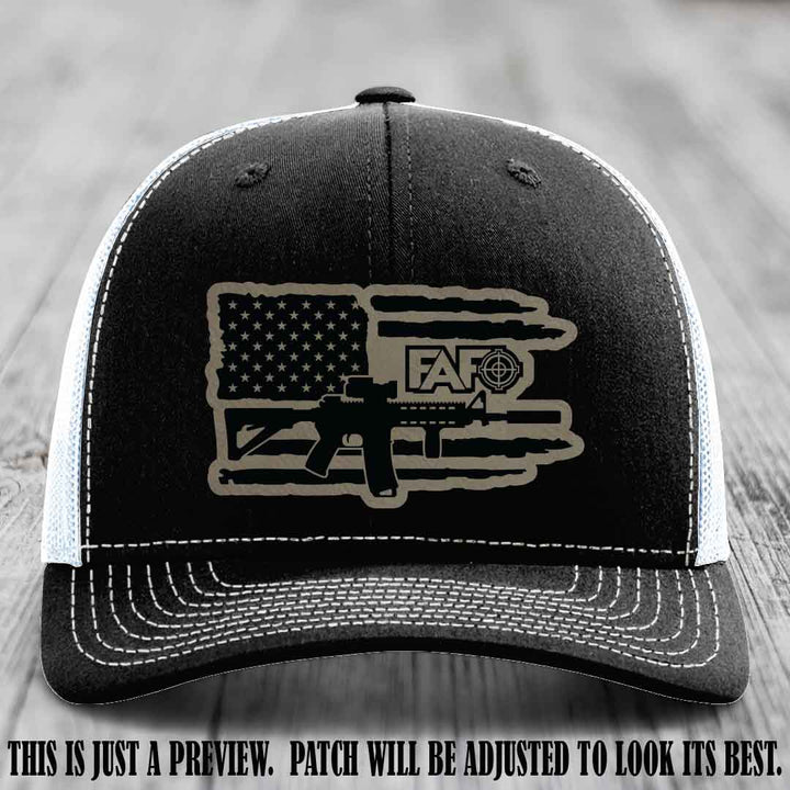 FAFO Light Brown to Black Patch Leather Patch on Black to White Hat Richardson 112 Hat