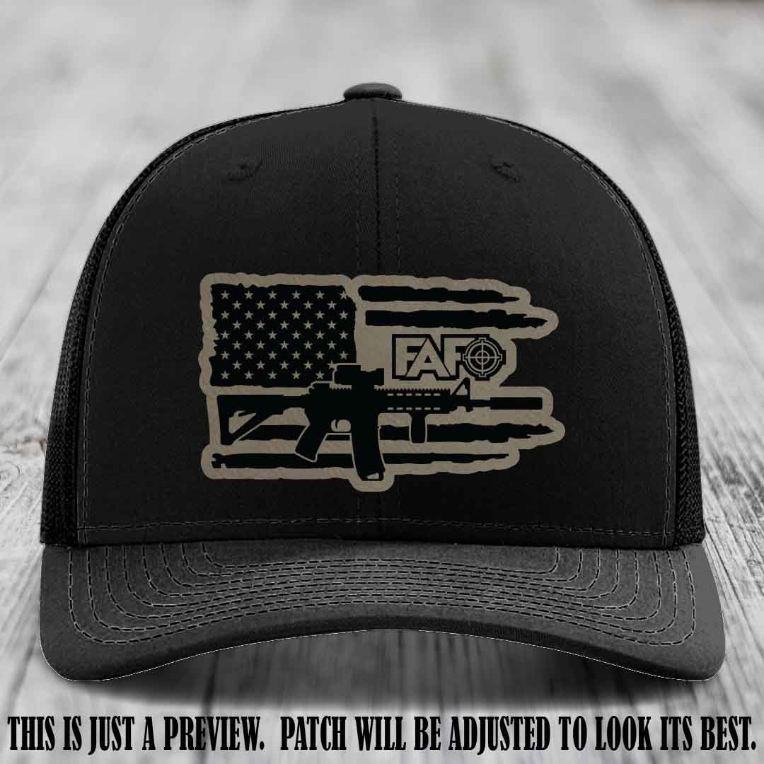 FAFO Light Brown to Black Patch Leather Patch on Black Hat Richardson 112 Hat