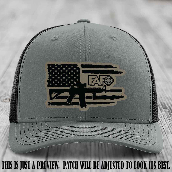 FAFO Light Brown to Black Patch Leather Patch on Heather Grey to Black Hat Richardson 112 Hat