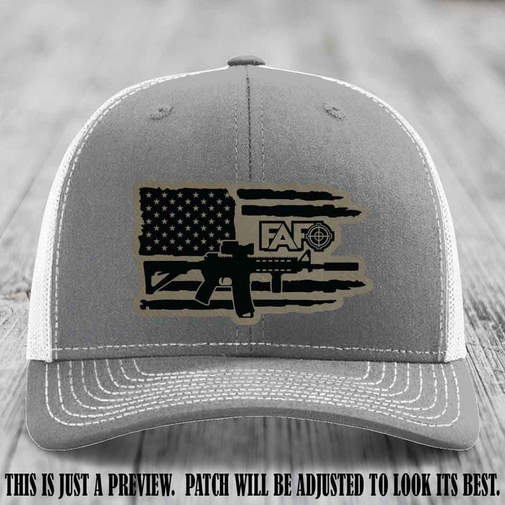 FAFO Light Brown to Black Patch Leather Patch on Heather Grey to White Hat Richardson 112 Hat