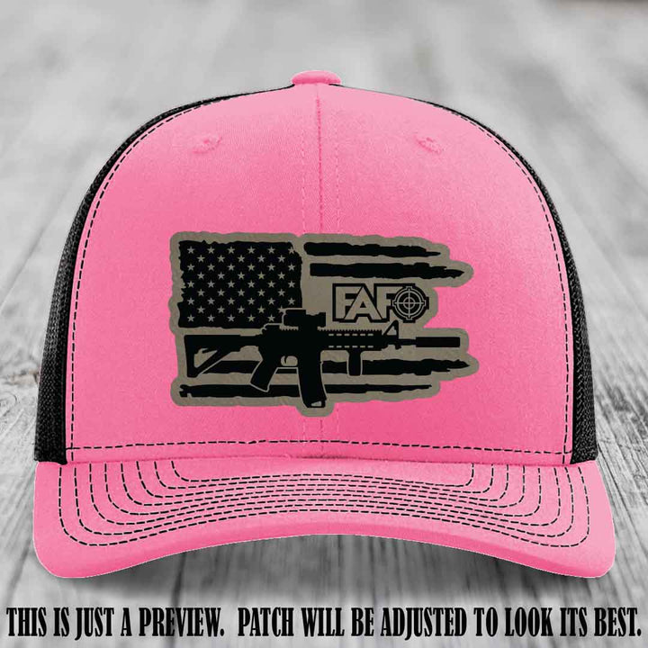 FAFO Light Brown to Black Patch Leather Patch on Hot Pink to Black Hat Richardson 112 Hat