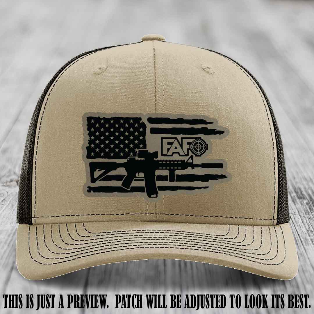 FAFO Light Brown to Black Patch Leather Patch on Khaki to Coffee Hat Richardson 112 Hat