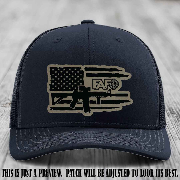 FAFO Light Brown to Black Patch Leather Patch on Navy Hat Richardson 112 Hat