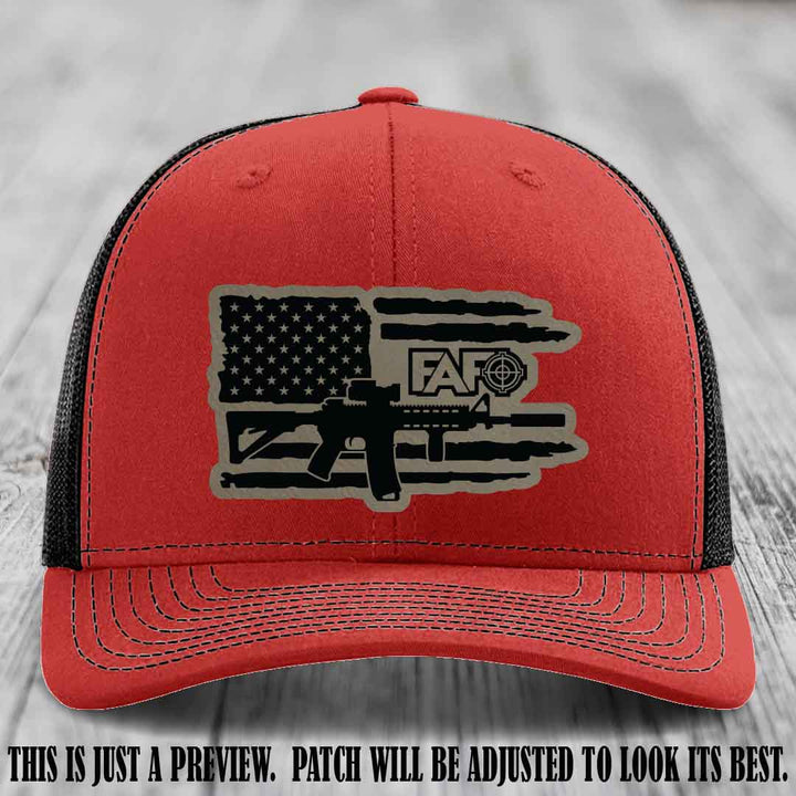 FAFO Light Brown to Black Patch Leather Patch on Red to Black Hat Richardson 112 Hat