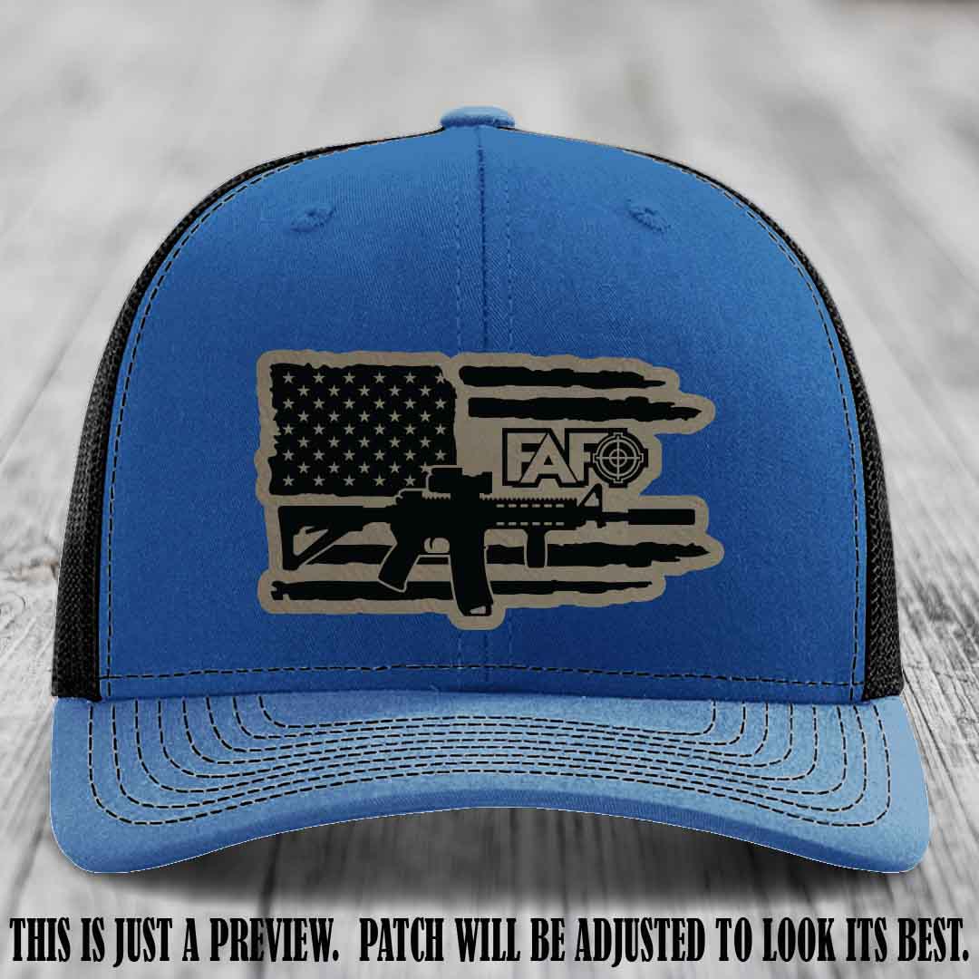 FAFO Light Brown to Black Patch Leather Patch on Royal to Black Hat Richardson 112 Hat