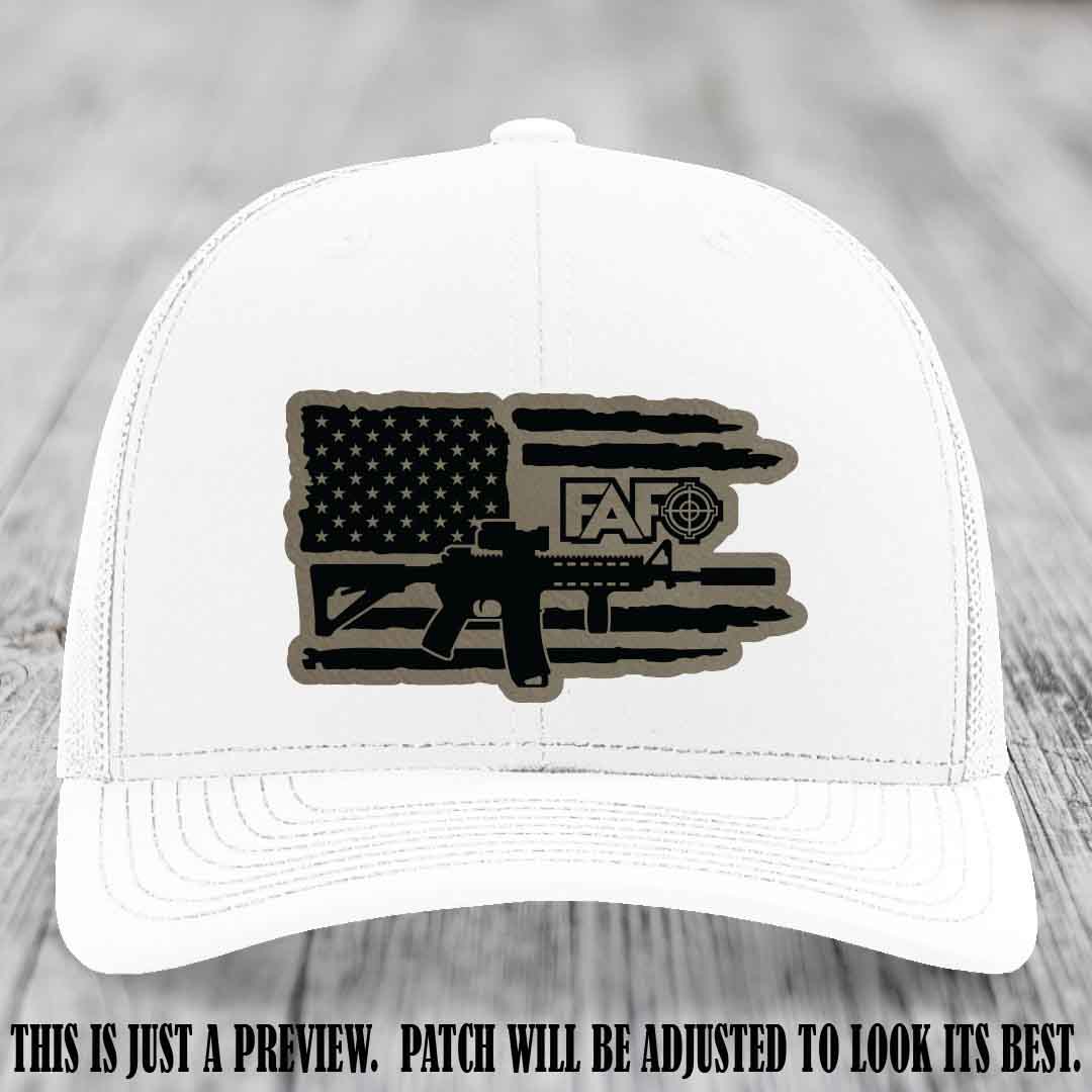 FAFO Light Brown to Black Patch Leather Patch on White Hat Richardson 112 Hat