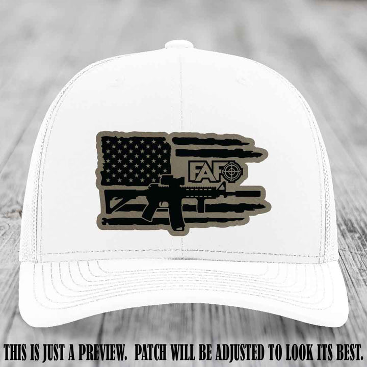 FAFO Light Brown to Black Patch Leather Patch on White Hat Richardson 112 Hat