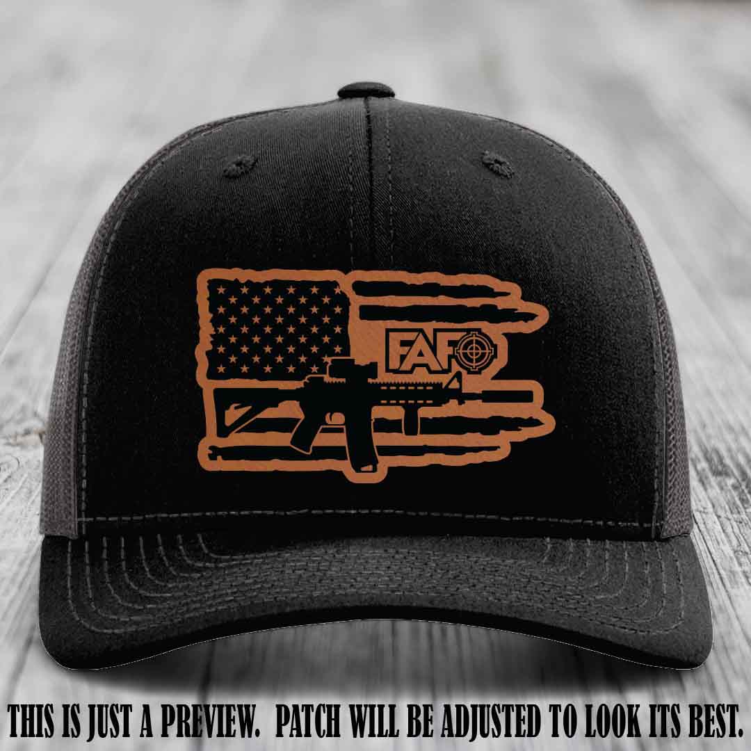 FAFO Rawhide to Black Patch Leather Patch on Black to Charcoal Hat Richardson 112 Hat