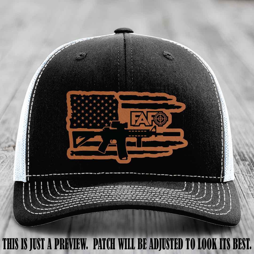 FAFO Rawhide to Black Patch Leather Patch on Black to White Hat Richardson 112 Hat