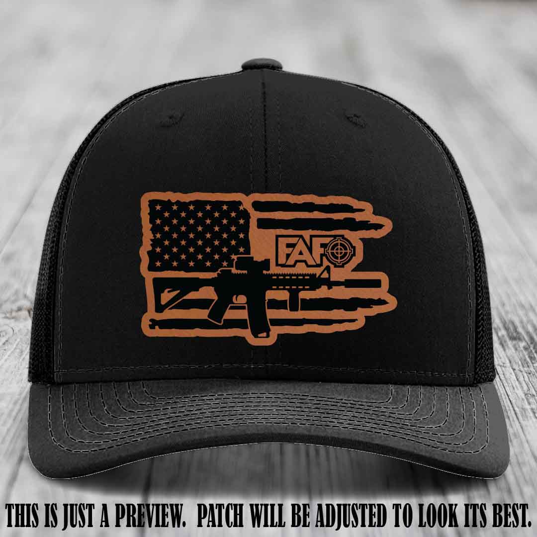 FAFO Rawhide to Black Patch Leather Patch on Black Hat Richardson 112 Hat