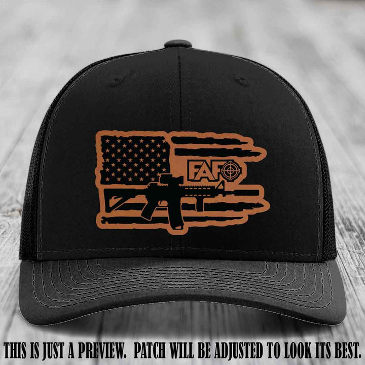 FAFO Rawhide to Black Patch Leather Patch on Black Hat Richardson 112 Hat