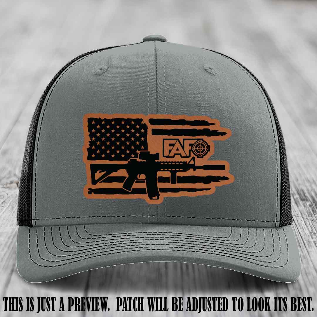 FAFO Rawhide to Black Patch Leather Patch on Heather Grey to Black Hat Richardson 112 Hat