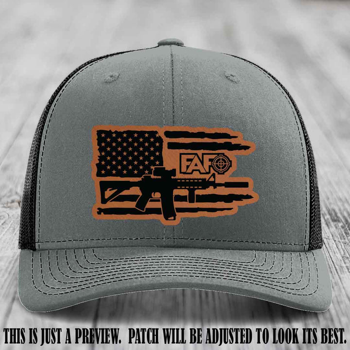 FAFO Rawhide to Black Patch Leather Patch on Heather Grey to Black Hat Richardson 112 Hat