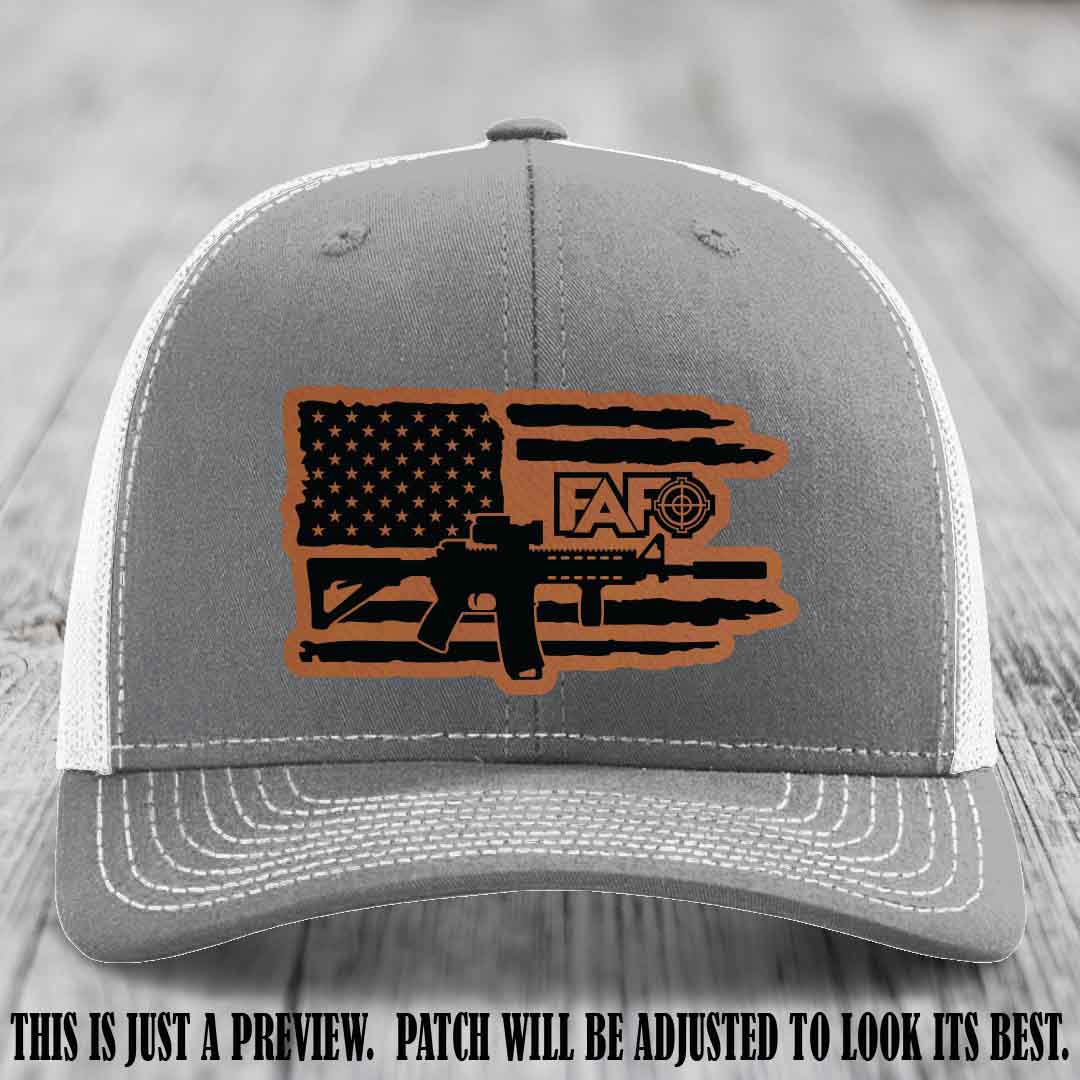 FAFO Rawhide to Black Patch Leather Patch on Heather Grey to White Hat Richardson 112 Hat