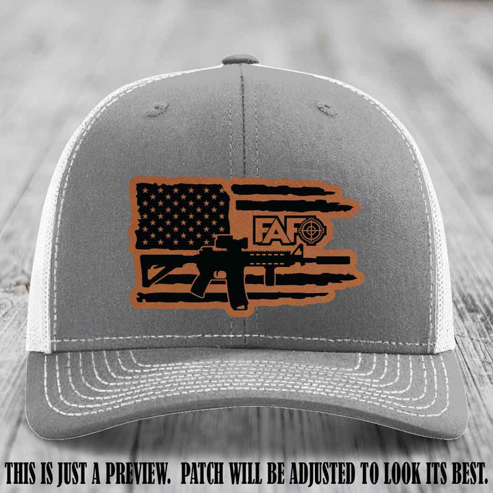 FAFO Rawhide to Black Patch Leather Patch on Heather Grey to White Hat Richardson 112 Hat