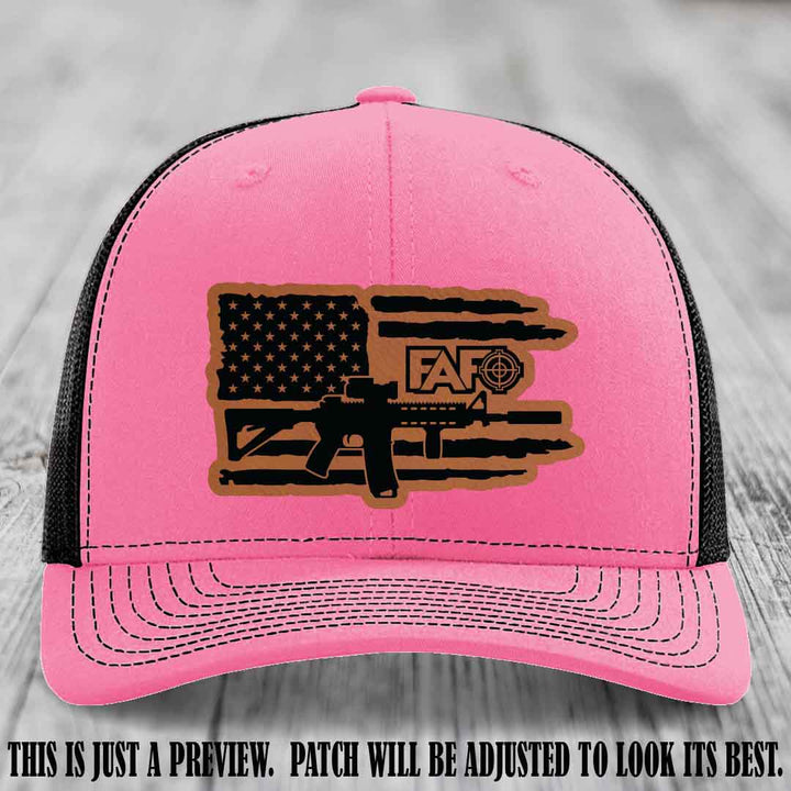FAFO Rawhide to Black Patch Leather Patch on Hot Pink to Black Hat Richardson 112 Hat