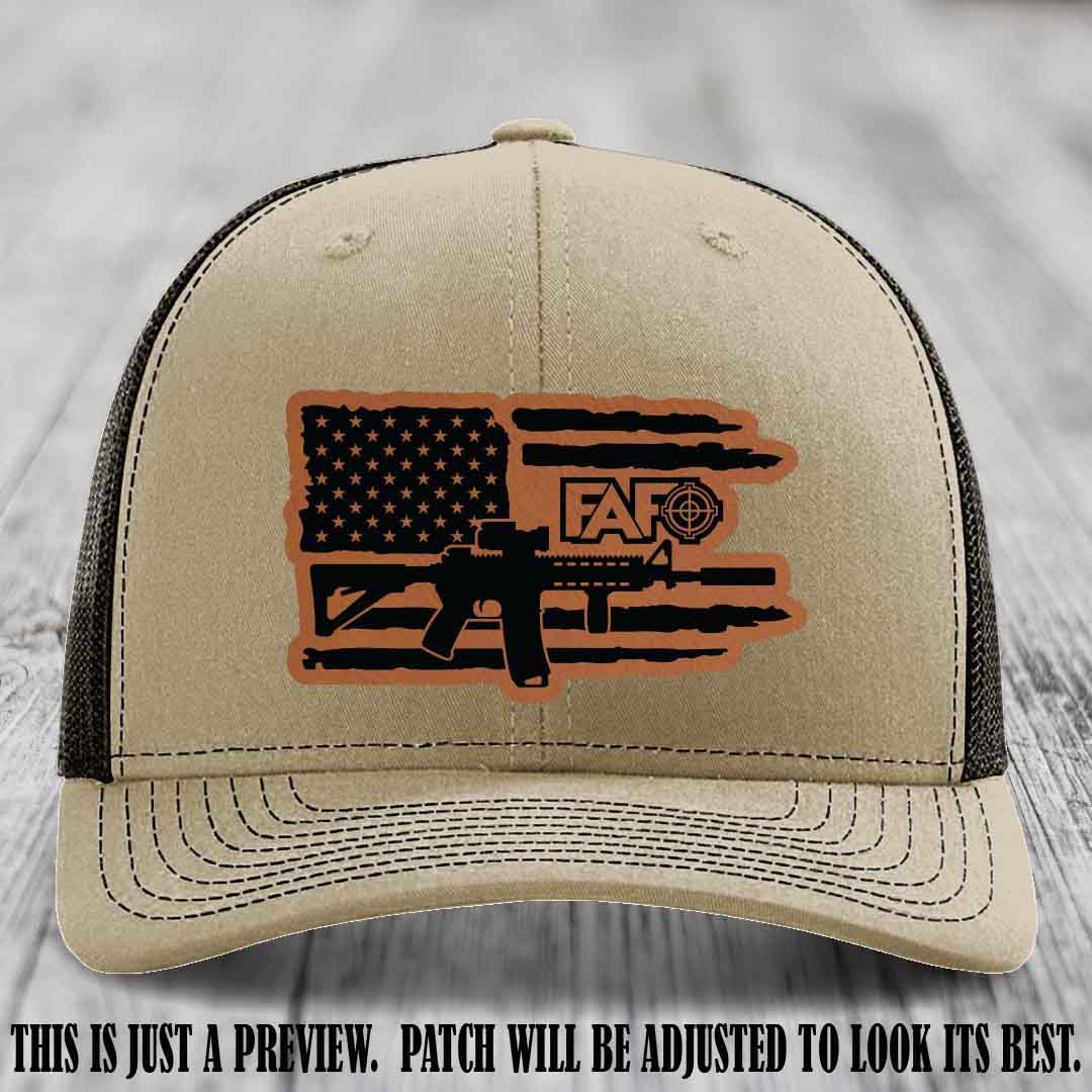 FAFO Rawhide to Black Patch Leather Patch on Khaki to Coffee Hat Richardson 112 Hat