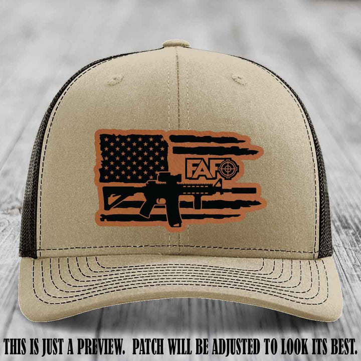 FAFO Rawhide to Black Patch Leather Patch on Khaki to Coffee Hat Richardson 112 Hat