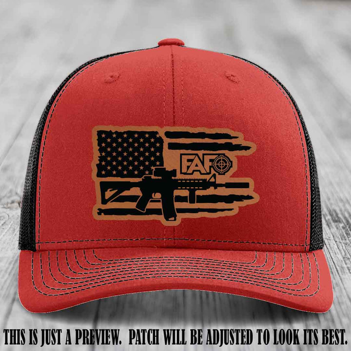 FAFO Rawhide to Black Patch Leather Patch on Red to Black Hat Richardson 112 Hat
