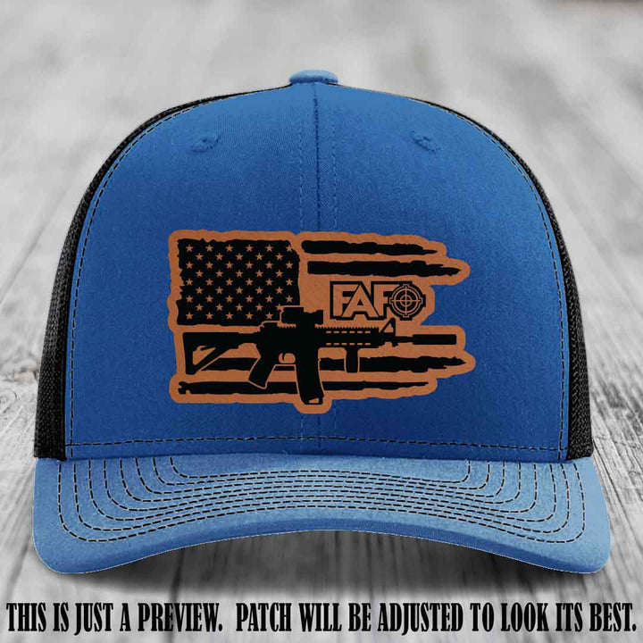 FAFO Rawhide to Black Patch Leather Patch on Royal to Black Hat Richardson 112 Hat
