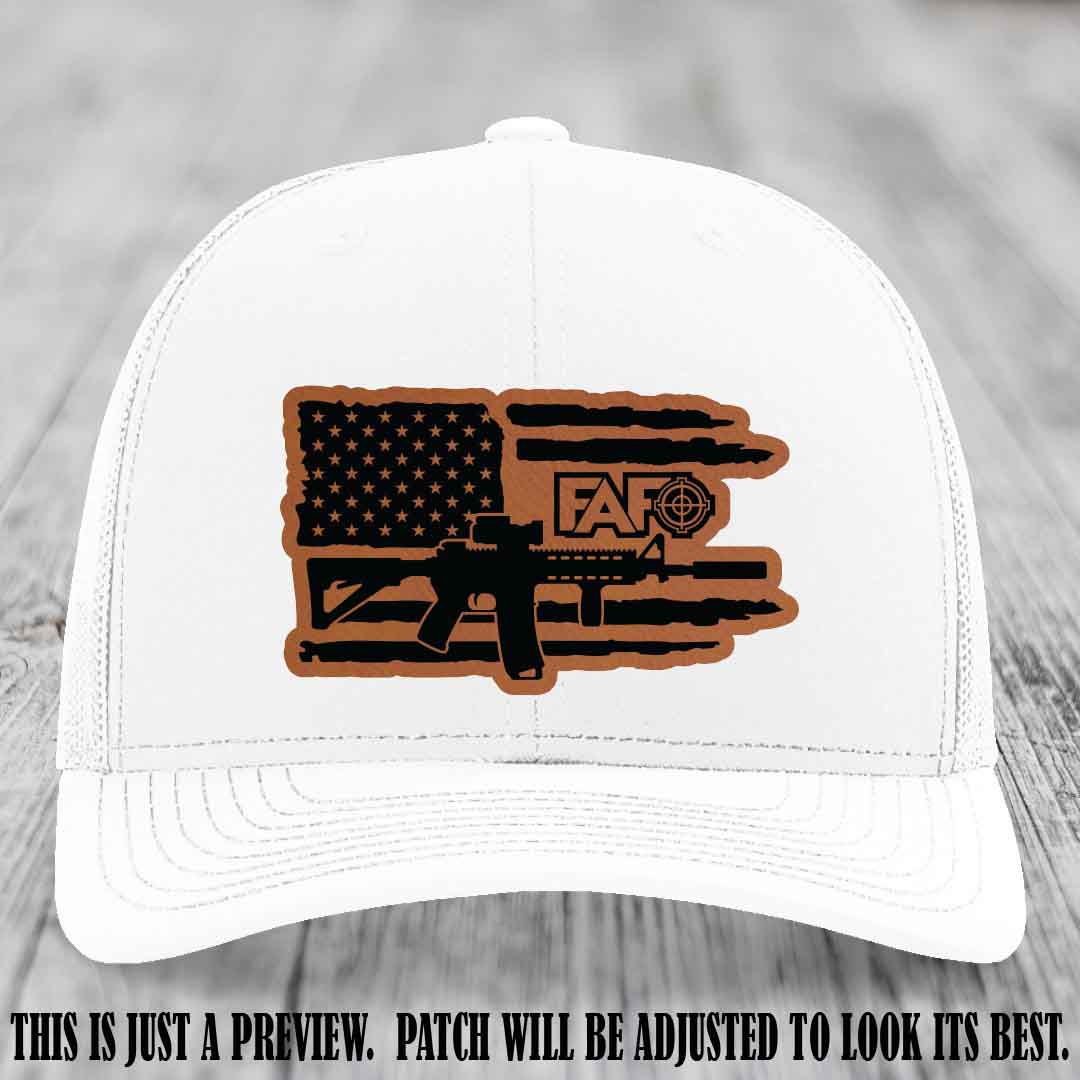 FAFO Rawhide to Black Patch Leather Patch on White Hat Richardson 112 Hat