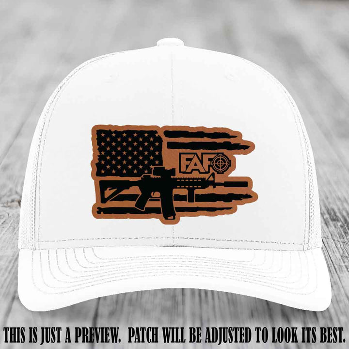 FAFO Rawhide to Black Patch Leather Patch on White Hat Richardson 112 Hat