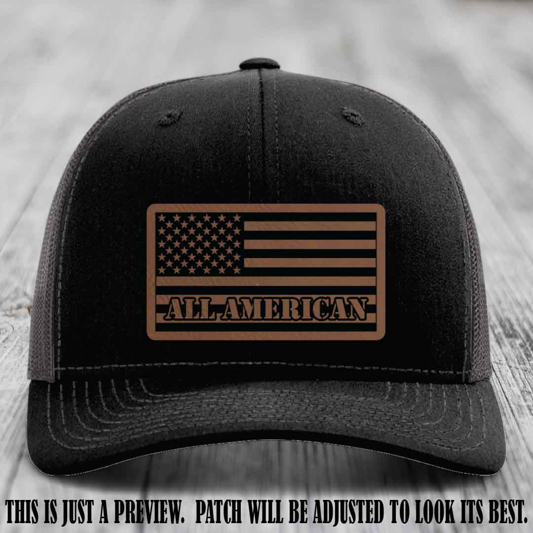 Richardson 112 ALL AMERICAN Leather Patch Hat - Dark Brown to Black patch on Black to Charcoal Hat
