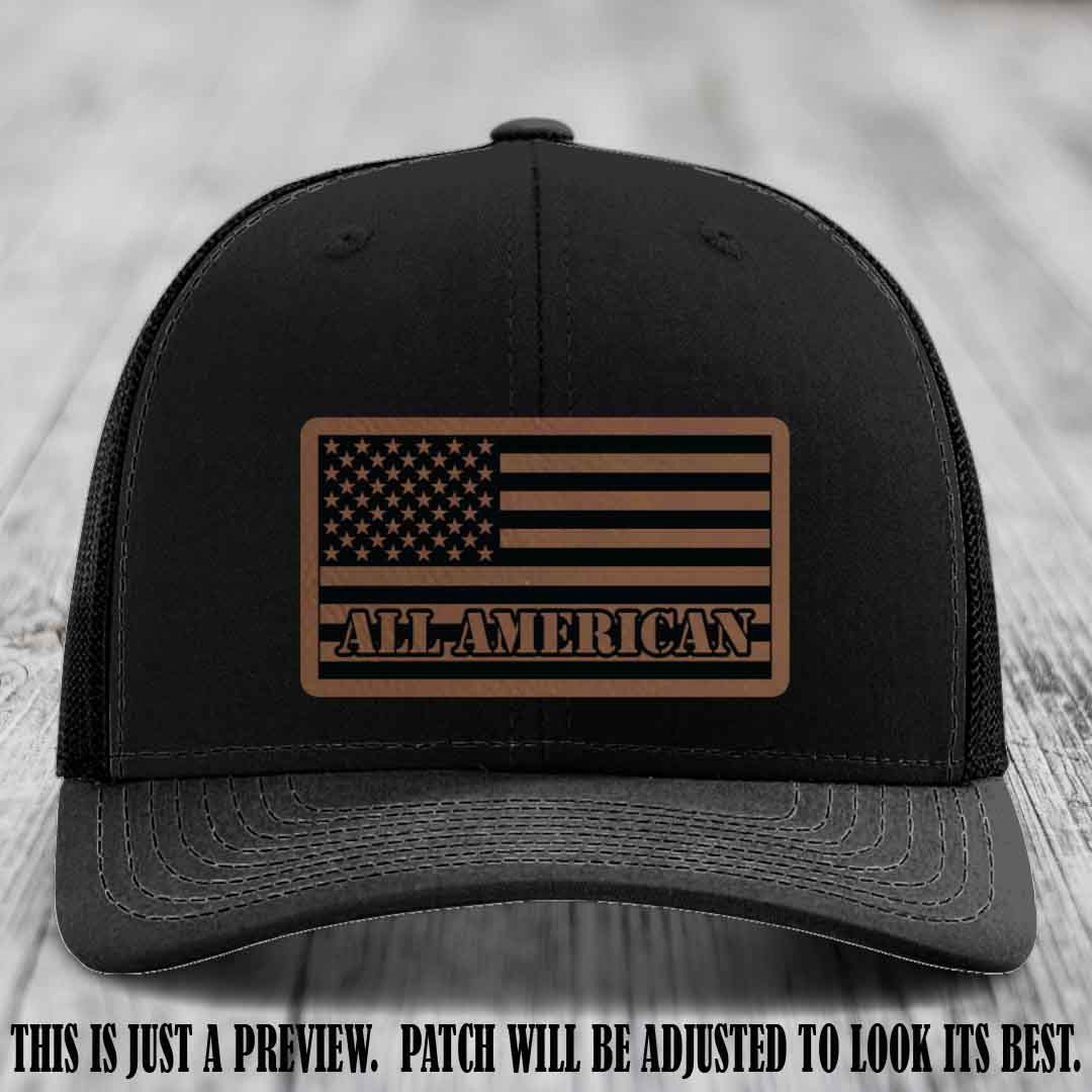Richardson 112 ALL AMERICAN Leather Patch Hat - Dark Brown to Black patch on Black Hat