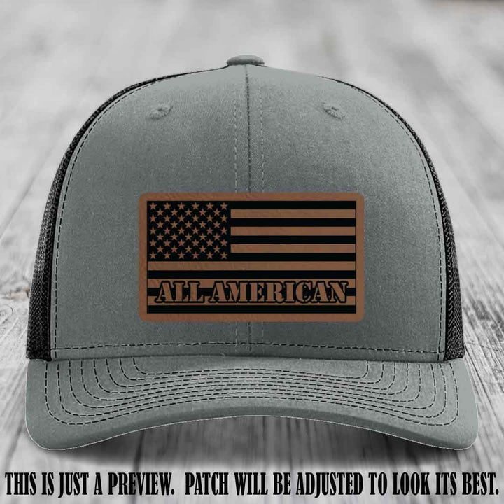 Richardson 112 ALL AMERICAN Leather Patch Hat - Dark Brown to Black patch on Heather Grey to Black Hat
