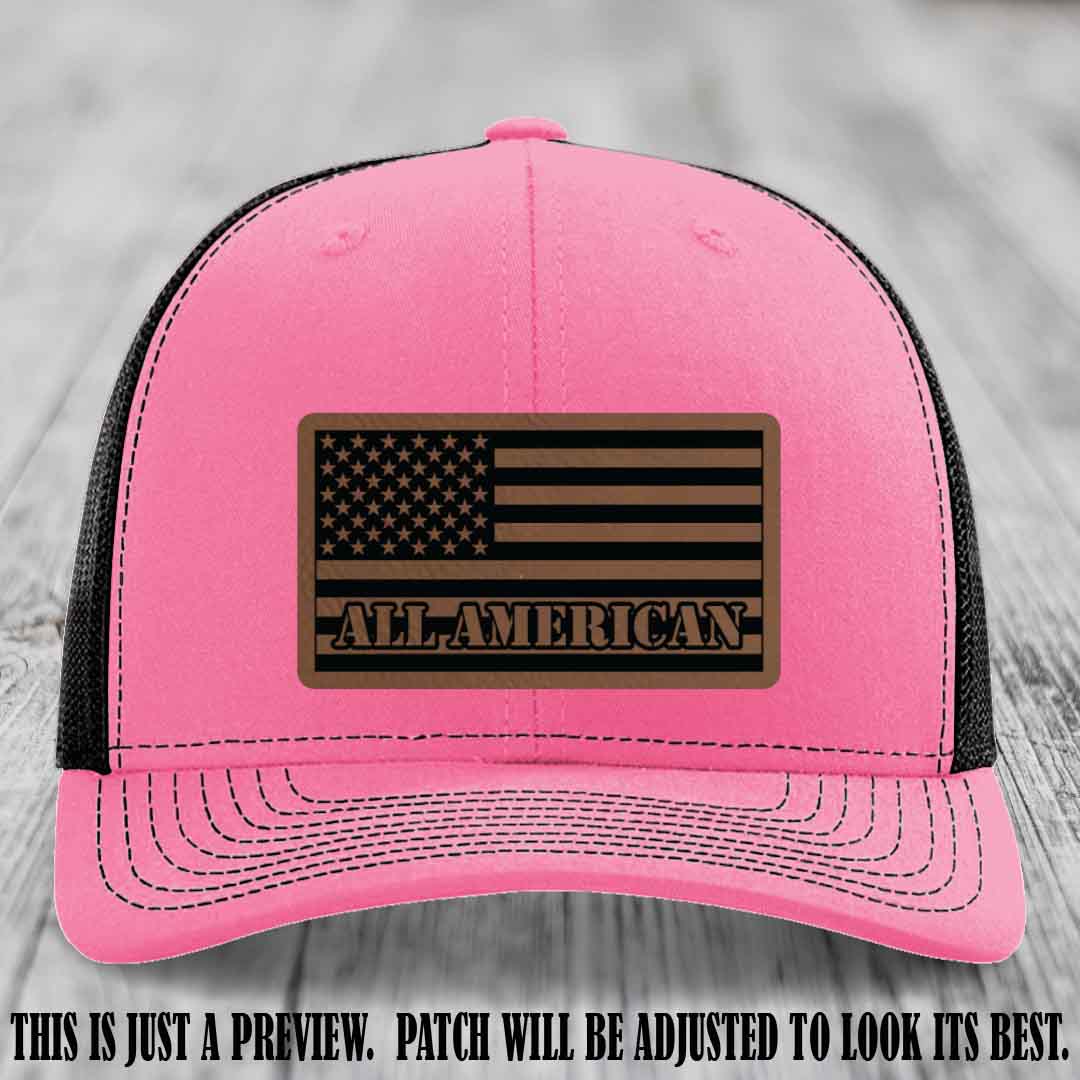 Richardson 112 ALL AMERICAN Leather Patch Hat - Dark Brown to Black patch on Hot Pink to Black Hat