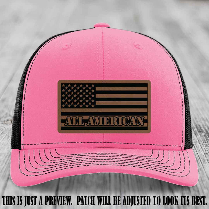 Richardson 112 ALL AMERICAN Leather Patch Hat - Dark Brown to Black patch on Hot Pink to Black Hat