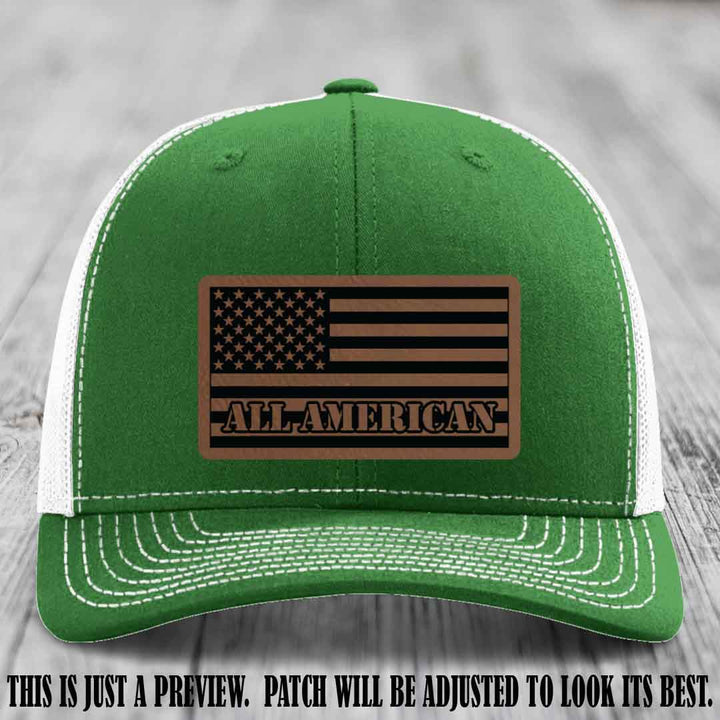 Richardson 112 ALL AMERICAN Leather Patch Hat - Dark Brown to Black patch on Kelly to White Hat
