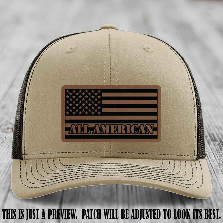 Richardson 112 ALL AMERICAN Leather Patch Hat - Dark Brown to Black patch on Khaki to Coffee Hat