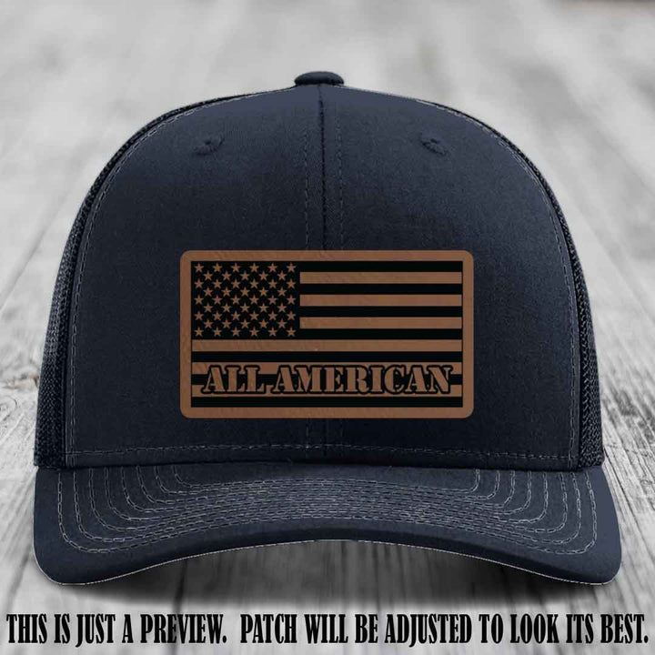 Richardson 112 ALL AMERICAN Leather Patch Hat - Dark Brown to Black patch on Navy Hat