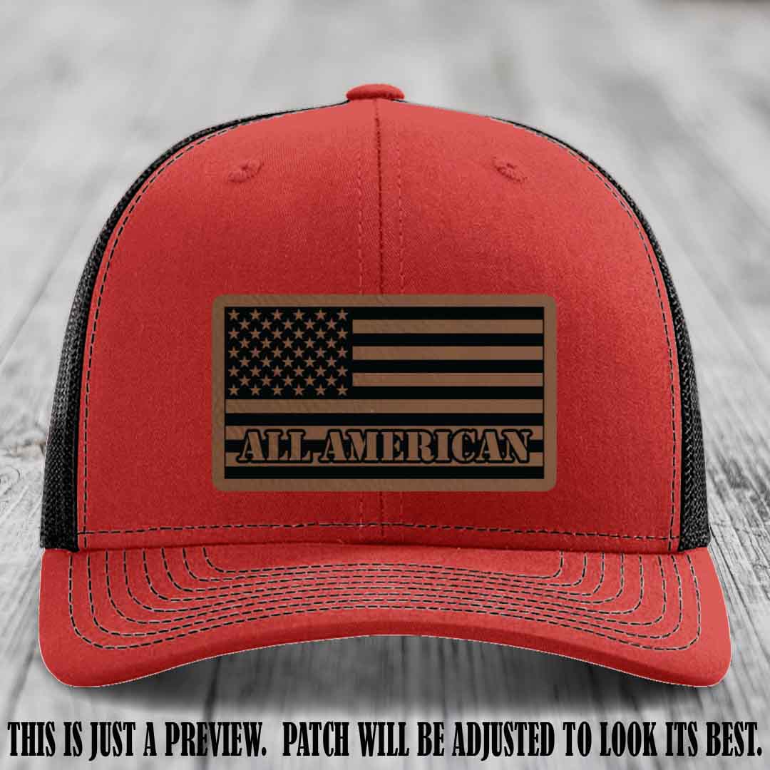 Richardson 112 ALL AMERICAN Leather Patch Hat - Dark Brown to Black patch on Red to Black Hat