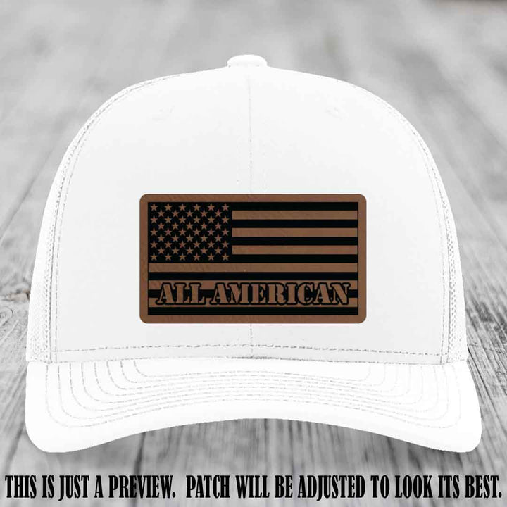 Richardson 112 ALL AMERICAN Leather Patch Hat - Dark Brown to Black patch on White Hat