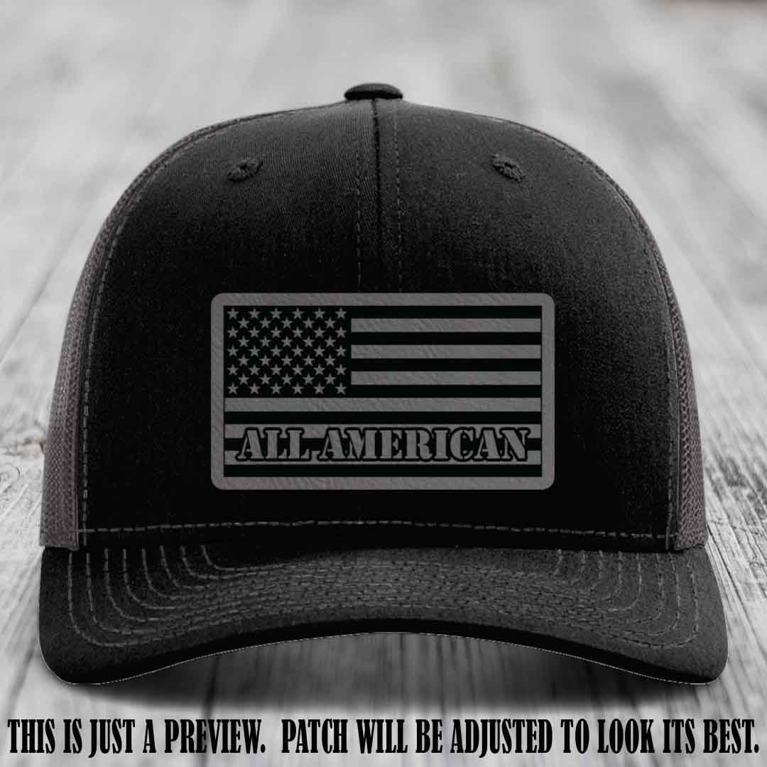 Richardson 112 ALL AMERICAN Leather Patch Hat - Grey to Black patch on Black to Charcoal Hat