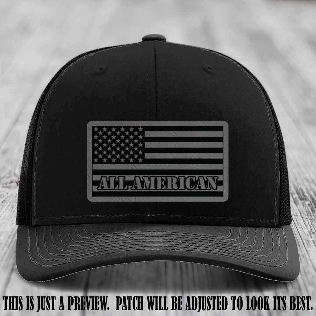 Richardson 112 ALL AMERICAN Leather Patch Hat - Grey to Black patch on Black Hat