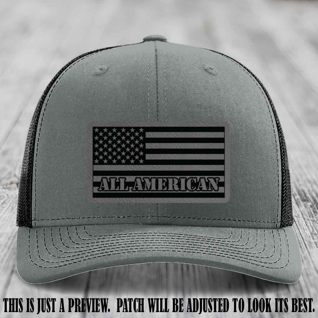 Richardson 112 ALL AMERICAN Leather Patch Hat - Grey to Black patch on Heather Grey to Black Hat
