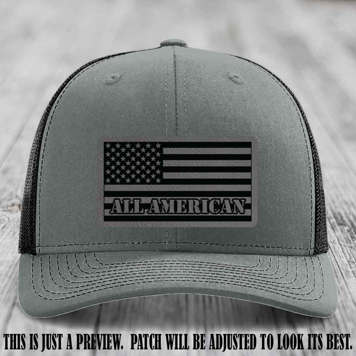 Richardson 112 ALL AMERICAN Leather Patch Hat - Grey to Black patch on Heather Grey to Black Hat
