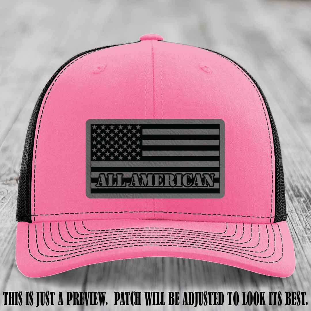 Richardson 112 ALL AMERICAN Leather Patch Hat - Grey to Black patch on Hot Pink to Black Hat