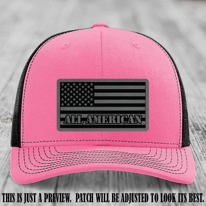 Richardson 112 ALL AMERICAN Leather Patch Hat - Grey to Black patch on Hot Pink to Black Hat
