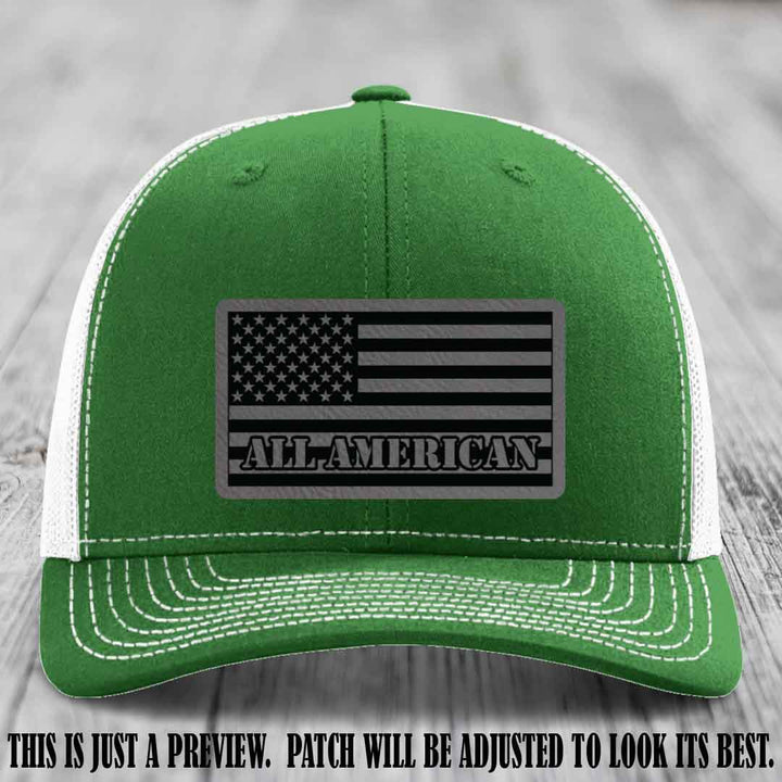 Richardson 112 ALL AMERICAN Leather Patch Hat - Grey to Black patch on Kelly to White Hat